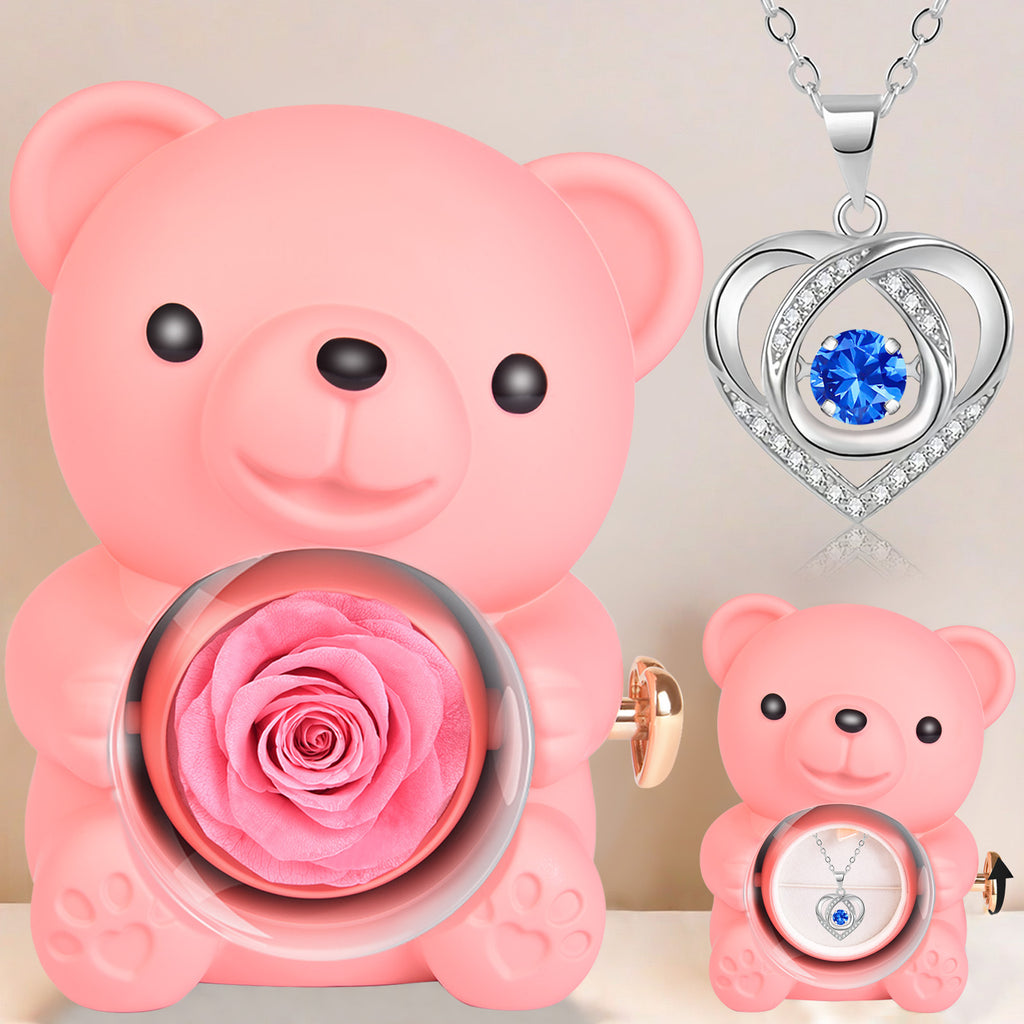 Eternal Love Bear Rotating Jewelry Box – Elegant Gift with Eternal Flowers