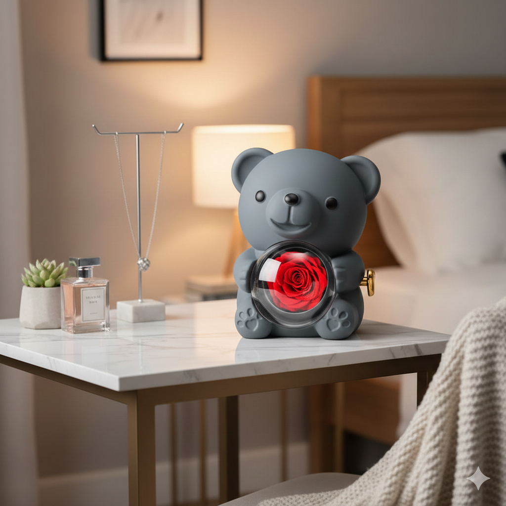 Eternal Love Bear Rotating Jewelry Box – Elegant Gift with Eternal Flowers