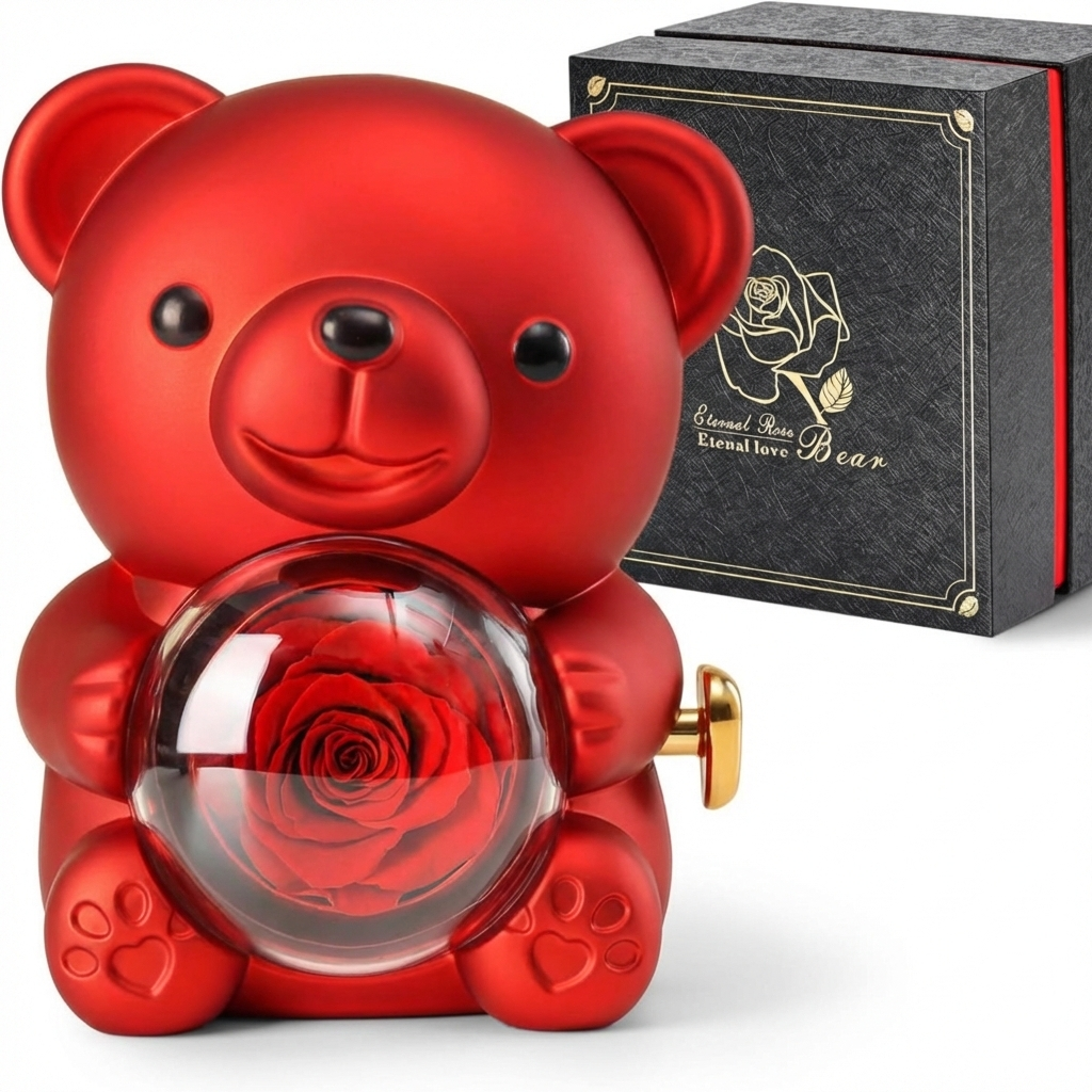 Eternal Love Bear Rotating Jewelry Box – Elegant Gift with Eternal Flowers